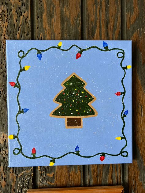 This painting was handmade using acrylic paints on a 12x12 inch canvas. I then added a coat of sparkly varnish to really bring out the Christmas feel! Let me know if you have any questions! What To Paint Christmas, Simple Holiday Painting Ideas, Simple Acrylic Paintings Christmas, Small Painting Ideas Mini Canvas Christmas, Christmas Paintings Easy Simple Kids, Easy Painting Christmas Ideas On Canvas, Christmas Drawing Background, Easy Things To Paint Christmas, Christmas Lights Paintings On Canvas