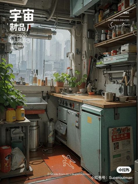 Messy Apartment, Japanese Apartment Interior, Sci Fi House, Cyberpunk House, Cluttered House, Kitchen Reference, Sci Fi City, Cyberpunk Aesthetic, Swag Art