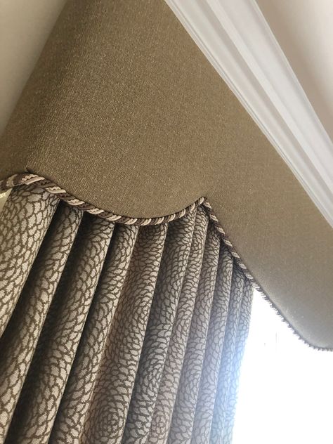 Rope Trimmed shaped pelmet Curtains With Pelmet Ideas, Curtain Pelmet Ideas, Curtains Living Room Pelmet, Window Pelmet Ideas, Pelmets Ideas, Curtain Pelmet Design, Wood Pelmet Designs For Curtains, Moulding Curtain Pelmet, Upholstered Pelmet