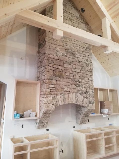 Rustic Wood Range Hood, Stone Behind Stove, Stone Kitchen Hood Ideas, Range Hood Cathedral Ceiling, Vaulted Kitchen Ceiling Range Hood, Rustic Oven Hood, Stone Arch Over Stove, Stone Stove Hood, Brick Oven Hood