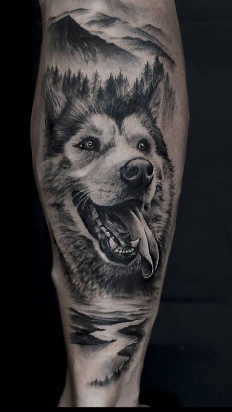 Alaskan Tattoos, Dog Memorial Tattoo, Pet Portrait Tattoos, Husky Tattoo, Wilderness Tattoo, Pet Tattoo Ideas, Pet Memorial Tattoo, Dog Portrait Tattoo, Wolf Tattoos Men