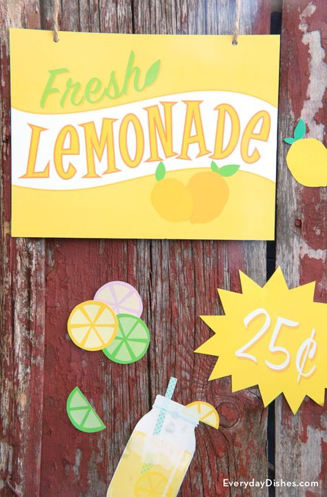 Printable Lemonade Stand Signs | Everyday Dishes & DIY Lemonade Stand Names Ideas, Lemonade Stand Ideas For Kids, Cute Lemonade Stand Ideas Signs, Free Printable Lemonade Stand Sign, Lemonade Stand Names, Preschool Setup, Cute Lemonade Stand Signs, Lemon Photoshoot, Fun Lemonade