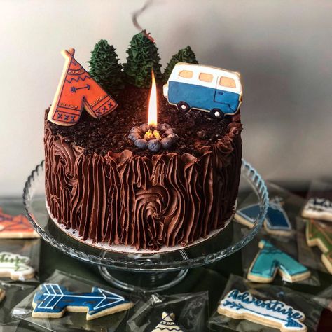 Rolling In The Dough on Instagram: “Baby Shower: Part Two - Camping Cake with working fire pit! 🔥 🏕 🚐  We aren’t fans of fondant so Lisa had the idea of putting our cookies on…” Camping Smash Cake 1st Birthdays, Happy Camper Cupcakes, Happy Camper Smash Cake, One Happy Camper First Birthday Cake, Camper Birthday Cake, One Happy Camper Smash Cake, One Happy Camper Cake, Camping Cake Ideas, Camper Cakes