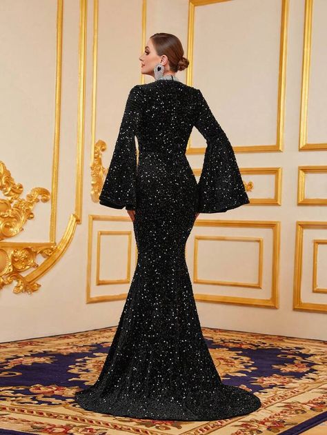 Black Collar Long Sleeve Sequins Plain Bodycon Embellished Slight Stretch Weddings & Events Prom Evening Dresses, Fishtail Dress, Long Sleeve Sequin, Evening Dresses Prom, Dress P, Wedding Events, Bell Sleeves, Evening Dresses, Prom Dresses