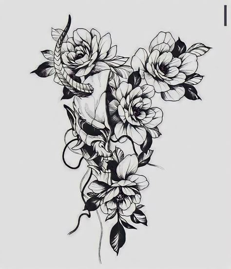 Demon And Flowers Tattoo, Oni Flower Tattoo, Tattoo Ideas For Upper Arm Women, Dark Tattoo Ideas Female, Feminine Oni Mask Tattoo, Dark Thigh Tattoos For Women, Flower With Skull Tattoo, Dark Thigh Tattoo, Tattoo Ideas Upper Arm