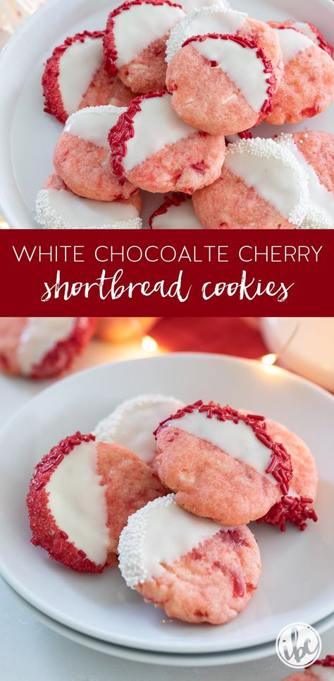 White Chocolate Cherry Shortbread Cookies #shortbread #cookie #whitechocolate #cherry #christmas #holiday #recipe White Chocolate Cherry Cookies, Cherry Shortbread Cookies, Cherry Shortbread, Chocolate Dipped Cherries, Cracked Cookies, Cherry Christmas, Cookies Shortbread, White Chocolate Cherry, Chocolate Cherry Cookies