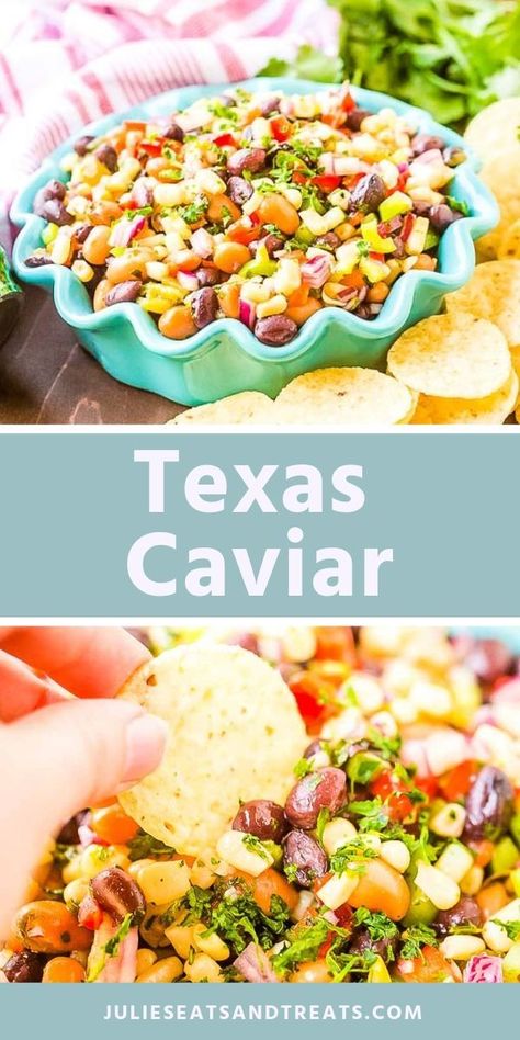 Texas Caviar, also known as Cowboy Caviar, is the the best quick and easy appetizer for summer! A delicious mix of pinto beans, black beans, white corn, green chiles, peppers, and onion topped with a delicious dressing. You can eat this with chips, top your favorite grilled chicken or steak with it or as a salad! We love this Texas Caviar recipe during the summer as an easy take along to BBQs. #cowboycaviar #recipe Texas Caviar Recipe, Texas Caviar, Caviar Recipes, Mexican Appetizers, Cowboy Caviar, Healthy Dips, Quick And Easy Appetizers, Summer Appetizer, Delish Recipes