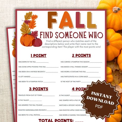 This Party Games item is sold by HolidayFunPrints. Ships from United States. Listed on Aug 25, 2024 Fall Game Night Ideas, Fall Ice Breaker Games, Fall Activities For Workplace, Fall Office Games, Fall Icebreaker Games, Fall Party Games For Ladies, Fall Fellowship Games, Women’s Group Activities, Fall Party Games For Adults