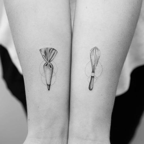 Piping Bag Tattoo, Bag Tattoo Ideas, Matching Forearm Tattoos, Whisk Tattoo, Least Painful Tattoo, Baking Tattoo, Baker Tattoo, Forearm Tattoos For Women, Bag Tattoo