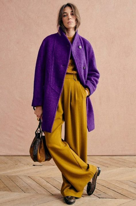 Mismatch Day Ideas (Plus Tips For Styling Mismatched Outfits) — The Sensible Fay Purple Trousers Outfit, Purple Coat Outfit, Eclectic Clothing Style, Light Pink Tops, Purple Coat, White Striped Skirt, Wearing Color, Coat Outfits, Wrap Dress Floral