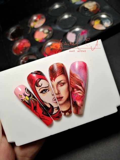 Wandavision Wanda Maximoff Nailart Scarlett Witch Nails, Wanda Nails Marvel, Wandavision Nails, Wanda Maximoff Nails, Portrait Nail Art, Wanda Wandavision, Superhero Nails, Avengers Nails, Marvel Nails