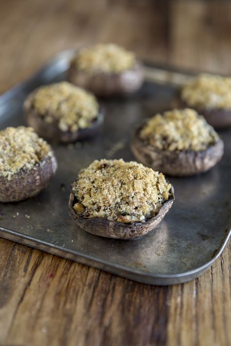 Basil & Walnut Stuffed Mushrooms With Almond Crumb | FOOD MATTERS® Crumbed Mushrooms, Quinoa Stuffed Mushrooms, Quinoa Stuffed Portabella Mushrooms, Low Cal Stuffed Mushrooms, Stuffed Mushrooms With Bread Crumbs, Vegan Stuffed Mushrooms, Veggie Ideas, Paleo Sides, Stuffed Mushroom