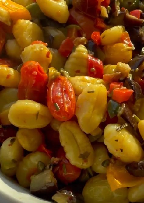 Sheet Pan Eggplant Caponata Gnocchi - by Jake Cohen Sheet Pan Eggplant, Jake Cohen, Summer Supper, Eggplant Caponata, Easy Summer, Gnocchi, Sheet Pan, Eggplant, Dairy Free