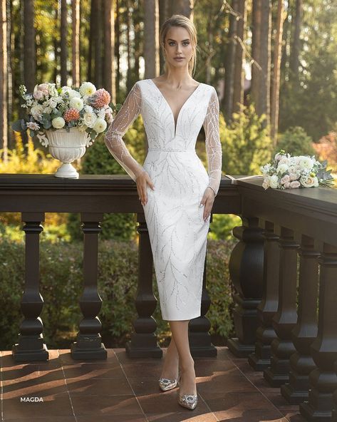 midi wedding dress short modern glitter simple sexy Ivory wedding tea length minimalist bohemian beach satin formal light style long sleeves Short White Long Sleeve Wedding Dress, Long Sleeve Knee Length Wedding Dress, Minimalist Short Wedding Dress, Mid Length Bridal Dress, Short Casual Wedding Dress, Casual Wedding Dress Short, White Long Sleeve Wedding Dress, Wedding Dress Short, Knee Length Wedding Dress