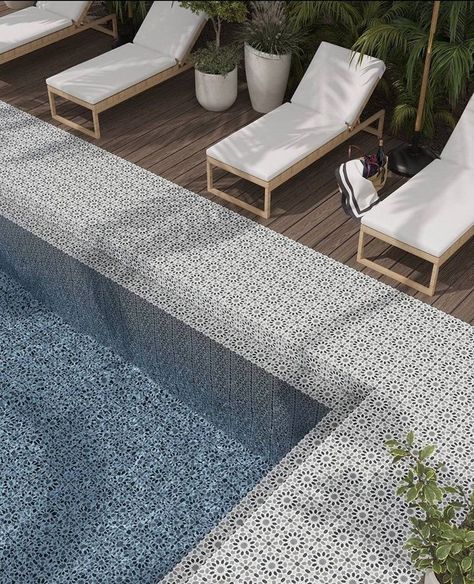 Poolside Perfection: Crafting Your Outdoor Sanctuary⁠ From pool tile to outdoor showers, we have tips and tile styles to perfect your backyard oasis.⁠ ⁠ Swipe through for a sneak peek and visit our link in bio to read the full blog. Tiled Deck Outdoor, Swimming Pool Tiles Ideas, Pool Tile Ideas, Pool Detail, White Villa, Spa Tile, Patio Floor, Deck Flooring, Square Tiles