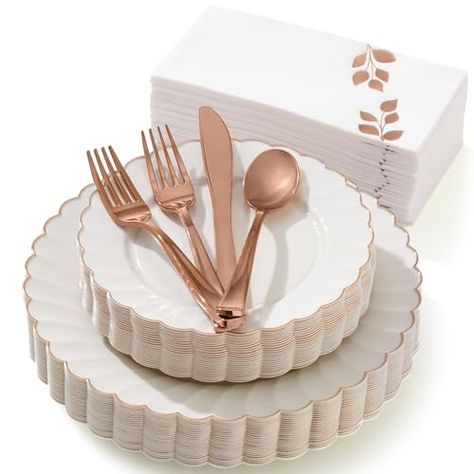 Party Plates And Napkins, Luxury Napkin, Gold Plastic Silverware, Rose Gold Rims, Gold Plastic Plates, Plastic Dinnerware Sets, Thanksgiving Plates, Disposable Cutlery, Plastic Silverware