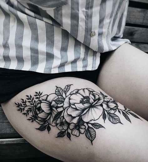 positive vibes // ♡ Girl Flower Tattoos, Girl Thigh Tattoos, Floral Thigh Tattoos, Flower Thigh Tattoos, Flower Tattoo Sleeve, Disney Tattoo, Leg Tattoos Women, Thigh Tattoos Women, Elephant Tattoos