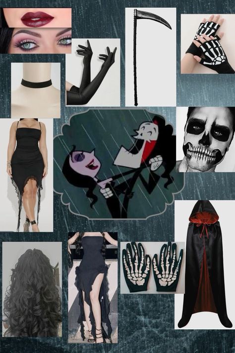 Grim Adventures Costume, Malaria Makeup Look, Malaria Grim Adventures, Grimm And Malaria Costume, Grimm Adventures Of Billy And Mandy, Couple Movie Characters, Monster Mash Costume Ideas, Quick Diy Costumes Women, Witch And Broom Costume Couple