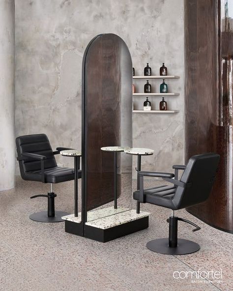 Salon Mirror, Bench Height, Hair Salon Interior Design, Hair Salon Furniture, Terrazzo Table, Black Hair Salons, Nail Salon Interior, Salon Mirrors, Hair Salon Interior