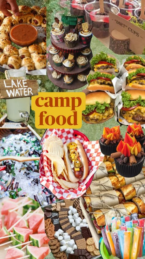 #campingtrip #campingaesthetic #camping Camp Bachelorette Food, Camp Themed Dinner Party, Camp Theme Food, Camping Themed Dinner Party, Camp Vibes Aesthetic, Bachelorette Party Meals, Camp Theme Party Food, Camp Themed Drinks, Campground Theme Weekends