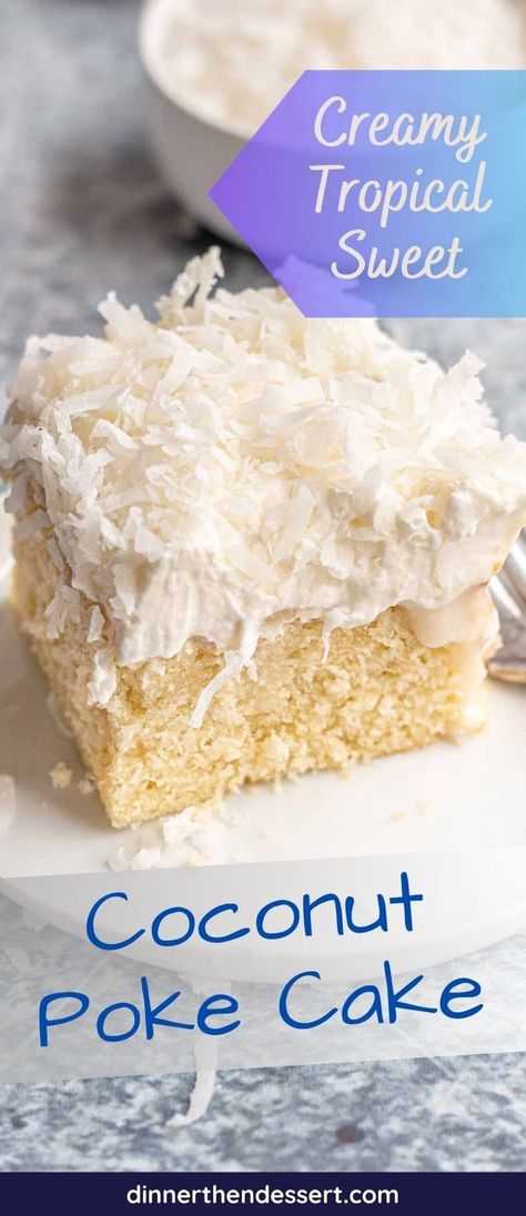 Coconut Poke Cake is a cool creamy dessert full of sweet coconut flavor! Sheet cake soaked in cream of coconut with a whipped cream topping. Easy Coconut Poke Cake, Coconut Poke Cake, Coconut Poke Cakes, Poke Cake Lemon, Cream Of Coconut, Spring Time Desserts, Coconut Pudding, Boxed Cake, Tandoori Masala