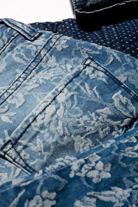 Jacquard Denim Customized Pants, Denim Jacket Trend, Cher 70s, Denim Aesthetic, Fashion Trend Report, Indigo Textiles, Denim Print, Denim Inspiration, Recycle Jeans