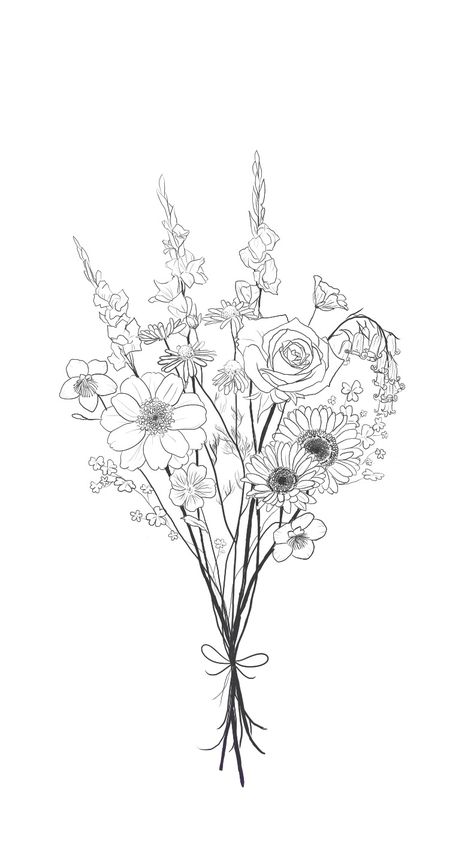 Intricate tattoo design by @elizdangerlowe on DeviantArt and Instagram, each flower representing the fruit of the Spirit #drawing #art #sketch #digitalart #tattoo #tattoodesign #flowers #bouquet #wildflowers #bow Drawing Bouquet, Hur Man Ritar Blommor, Drawing Of Flowers, Bouquet Drawing, Spirit Drawing, Flor Tattoo, Flower Bouquet Drawing, Flower Bouquet Tattoo, Bouquet Tattoo