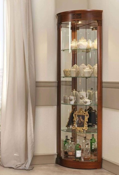 Corner Crockery Unit Design Modern, Antique Crockery Unit Design, Corner Shelf With Door, Glass Crockery Cabinet, Corner Crockery Unit Design, Corner Showcase Design, Glass Cabinets Display Living Room, Corner Showcase, Corner Glass Cabinet