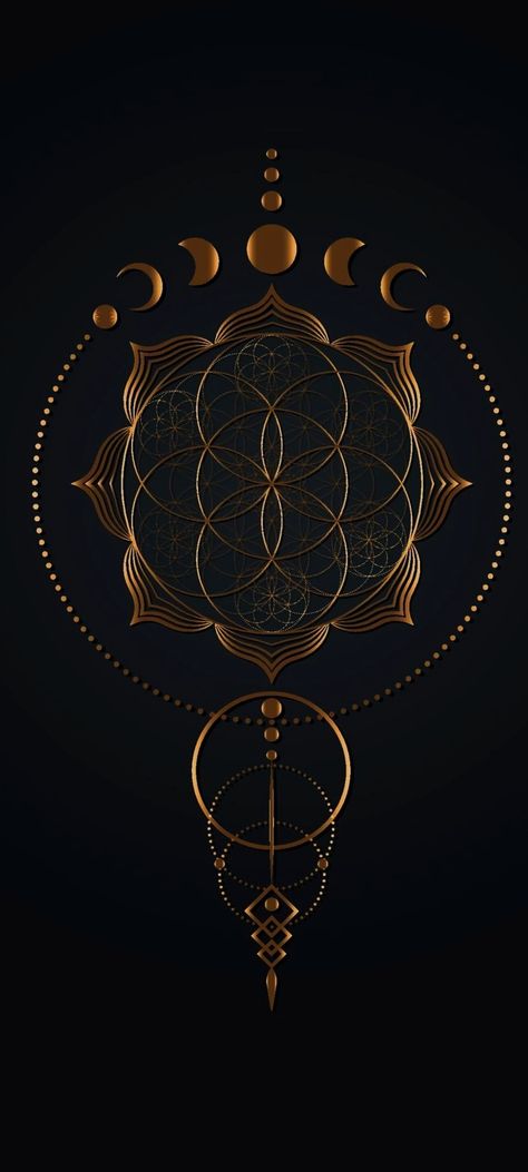 Flower of Life/Mandala with Moons art in gold. mobile wallpaper 1080x2400 Flower Of Life Wallpaper, Flower Of Life Mandala, Geometric Arrow Tattoo, Flower Of Life Tattoo, Gold Mobile, Glowing Flowers, Geometric Arrow, Gold Lotus, Dark Ink