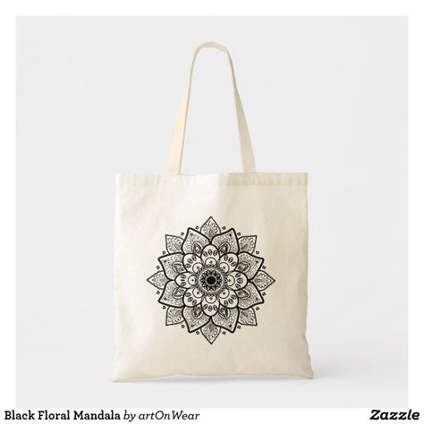 Black Floral Mandala Tote Bag Black Bohemian Cotton Bag, Totebag Batik, Tod Bag, White Floral Print Canvas Tote Bag, Cotton Tote Bag With Plant Print, Painted Canvas Bags, Mandala Tote Bag, Simple Bag, Tods Bag