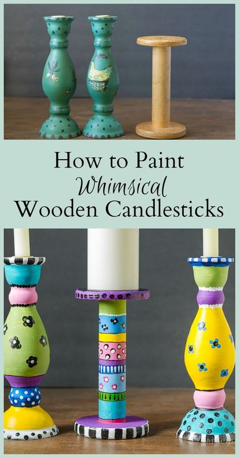 Learn a few tricks about painting wooden candlesticks that you can find at a thrift store and turn them into beautiful and whimsical home decor. Candlesticks Decor, Painted Wooden Candle Holders, Wooden Candlesticks, Painted Candlesticks, Whimsical Painted Furniture, Whimsical Home Decor, Whimsical Furniture, Painted Items, Thrift Store Crafts