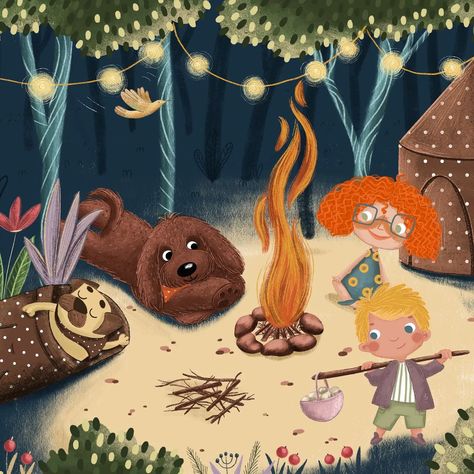 Sitting Around A Campfire, Forest At Night, Red Illustration, Lights Hanging, Children's Illustration, Picture Books Illustration, Kids Study, Night Forest, Inspiration For Kids