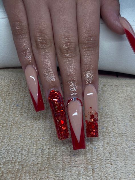 Red Acrylic Nails With Glitter, Red Glitter Acrylics, Glitter Red Nails Acrylic, Red Long Square Acrylic Nails, Red Nails Acrylic For Prom, Prom Nail Ideas Red, Glitter V Tip Nails, Cut Acrylic Nails, Simple Red Acrylic Nails