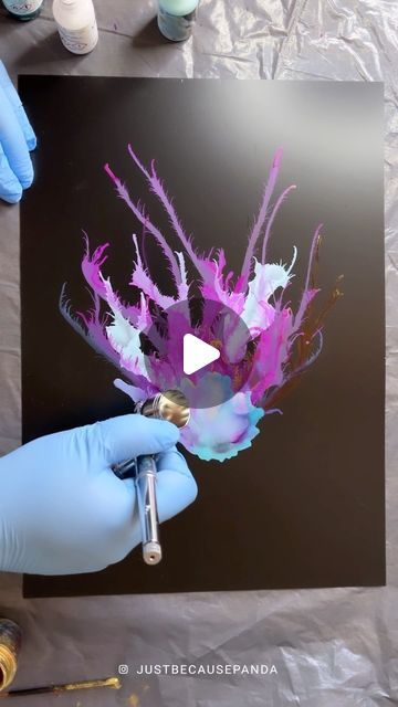 Alicja Wołkowska on Instagram: "Alcohol ink flower on black synthetic paper using an airbrush to create shapes. I have mostly used opaque inks here since they work really well on black paper. Gold details are made using gold dry pigment mixed with alcohol ink blending solution. Hope you enjoy this step by step art process video 🫶 #alcoholink #abstractart #flowerpainting #inkart #artprocess #artmaking" Alcohol Ink Art Videos, Step By Step Art, Ink Blending, Ink Crafts, Art Process, Process Art, Black Paper, Ink Art, Gold Details