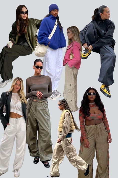 Zip Off Pants Outfit, Parachute Pants Outfit 2023, Cargo Balloon Pants Outfit, Parachute Pants Women Outfit, Wind Breaker Pants Outfits, Trash Bag Pants Outfit, 90s Parachute Pants Outfit, Parachute Pants Outfit Spring, Swishy Pants Outfit