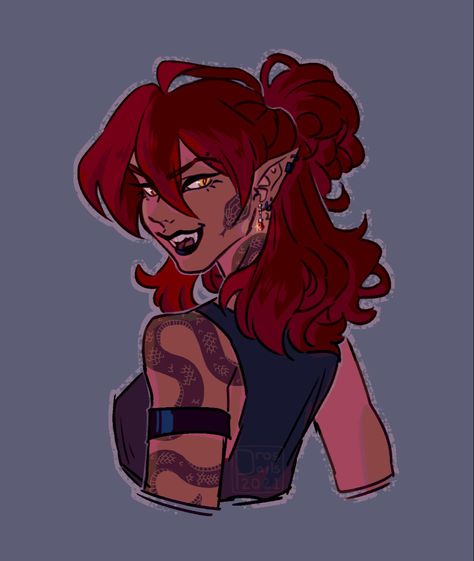 Red Dragon Character Design, Rouge Dnd Aesthetic, Arcane Lol Oc, Flame Hair Drawing, Rouge Dnd Outfit, Rouge Dnd Character Concept, Red Head Drawing, Redhead Oc Art, Tiefling Rouge