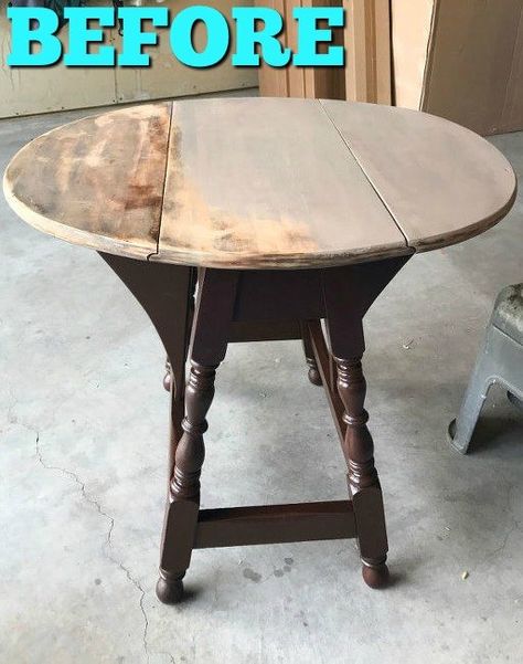 I needed a table to fit in between my two wing back chairs that I had just finished and I remembered that I had one I bought from a neighbor.  It was the perfect size.   I knew that it didn't need sanded to use chalk paint but my husband got up one morning and decided to to me a favor and sand the top of the table. I stopped him and said it wasn't necessary.   SO...to save a step...don't bother to sand the furniture.   Let hubby stain the legs. Then I painted the top with COCO Annie Sl… Upcycled Furniture Before And After, Hometalk Diy, Old Table, Furniture Ads, Table Makeover, Diy Makeover, Décor Diy, Recycled Furniture, Redo Furniture