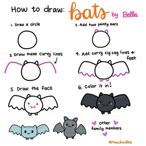 Bats Step By Step Nails, Drawing Ideas Halloween, Bujo Doodles, Note Doodles, Creating A Bullet Journal, Drawing Tutorials For Beginners, Cute Bat, Easy Doodles Drawings, Halloween Drawings