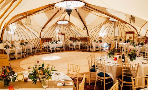 Unusual Wedding Venues, Yurt Living, Festival Style Wedding, Outdoor Restaurant Design, Moroccan Theme, Porch Flooring, Moroccan Lanterns, Round Tables, Stay Overnight