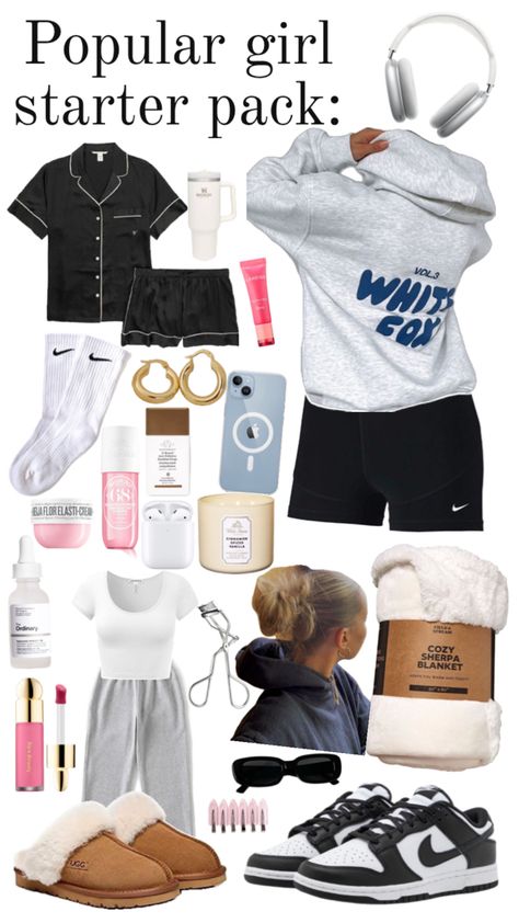 Popular girl starter pack🤍🫶🏻🎧 Popular Girl Starter Pack, 8th Grade Outfits, White Girl Outfits, Most Popular Shoes, Trendy Girls Outfits, Teen Trends, Outfit Inspo Casual, Casual Preppy Outfits, Trendy Outfits For Teens