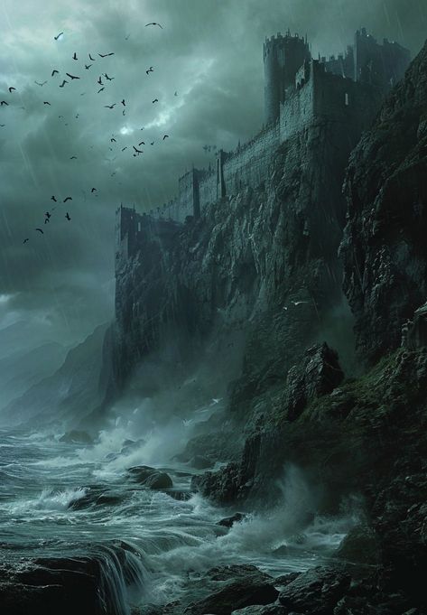 Home / X Coastal Castle Fantasy Art, Adventure Fantasy Art, Dark Fantasy Inspiration, Fantasy World Inspiration, Coastal Castle, Dnd City, Dragon Island, Kaer Morhen, Dark Island