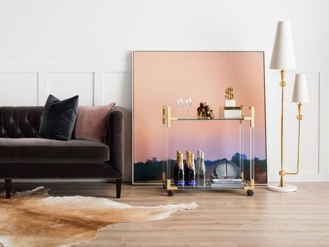 5 Must-Know Tips to Style a Bar Cart - realestate.com.au Decorating Stairway Walls, Office Floor Lamps, Studio Floor Lamp, Modern Bar Cart, Beautiful Floor Lamps, Pastel Interior, Tall Floor Lamps, Art Deco Bar, Bar Cart Styling