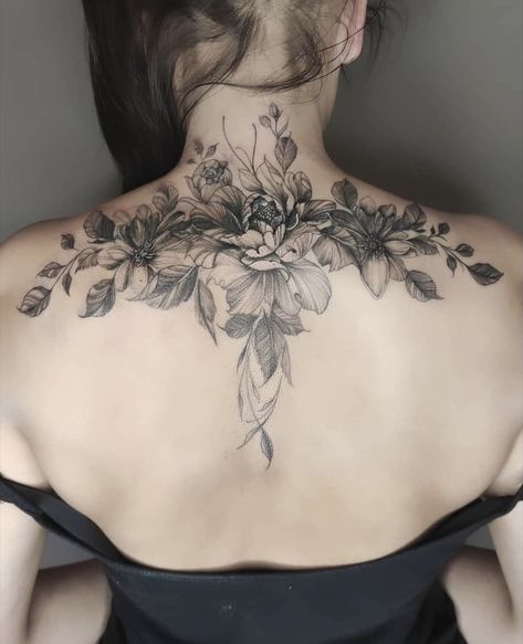 All Over Tattoos For Women, Back Shoulder Cover Up Tattoos, Upper Back And Shoulder Tattoo, Flower Upper Back Tattoos For Women, Top Of The Back Tattoos For Women, Female Upper Back Tattoos, Neck And Back Tattoos For Women, Flower Upper Back Tattoo, Floral Upper Back Tattoo Women