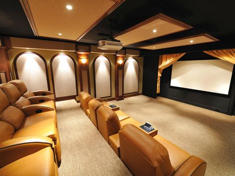 Awesome home theater design with paneled #walls and #high #ceilings that provide optimum acoustics. Theatre Ideas, Basement Home Theater, Theater Rooms, Cinema Projector, Home Theater Installation, Theater Room Design, Media Room Design, Home Theaters, Attic Conversion