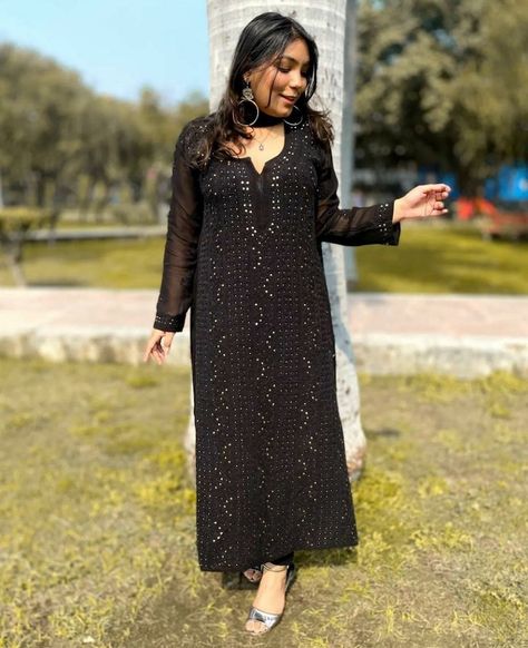 Black Viscose Kurti set, Kurti Palazzo set, Ethnic wear, Women Wear, Handmade Dress, Chikankari Kurta Set Black Georgette Kurti, Kurti Styling, Pent Design, Long Kurta Designs, Simple Frock, Kurti Pant Set, Party Wear Salwar Kameez, Black Kurti, Mukaish Work