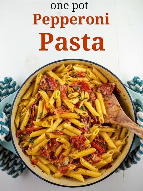 One-Pot Pepperoni Pasta - Chef Donna At Home Pepperoni Pasta Recipes, Pepperoni Pasta, Pickled Banana Peppers, Electric Skillet, Banana Peppers, Savory Dinner, Pepper Pasta, Baked Pasta, Baked Pasta Recipes