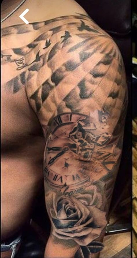 Upper Arm Tattoos For Guys, Star Sleeve Tattoo, Upper Shoulder Tattoo, Clock And Rose Tattoo, Cool Shoulder Tattoos, Cool Half Sleeve Tattoos, Quarter Sleeve Tattoos, Men Tattoos Arm Sleeve, Mens Shoulder Tattoo