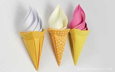 Origami Ice Cream Cone Instructions - Paper Kawaii Origami Ice Cream, Paper Kawaii, Ice Cream Crafts, Origami Videos, Origami Models, Cute Origami, Origami For Beginners, Origami Fish, Origami Love