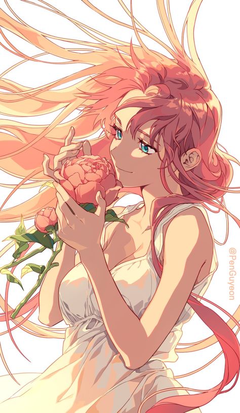 Anime With Flower, Pink Hair Girl Art, Woman Pose Reference Drawing, Manhwa Art, Anime Flower, Korean Art, 판타지 아트, Animated Icons, 영감을 주는 캐릭터