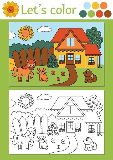 On the farm coloring page for children with rural country landscape. Vector outline illustration with country house. Color book for kids with colored example. Drawing skills printable worksheet Country House Colors, House Coloring Pages For Kids, Village Kids, Farm Coloring Pages, Landscape Vector, Farm Pictures, House Colouring Pages, Country Landscape, Outline Illustration